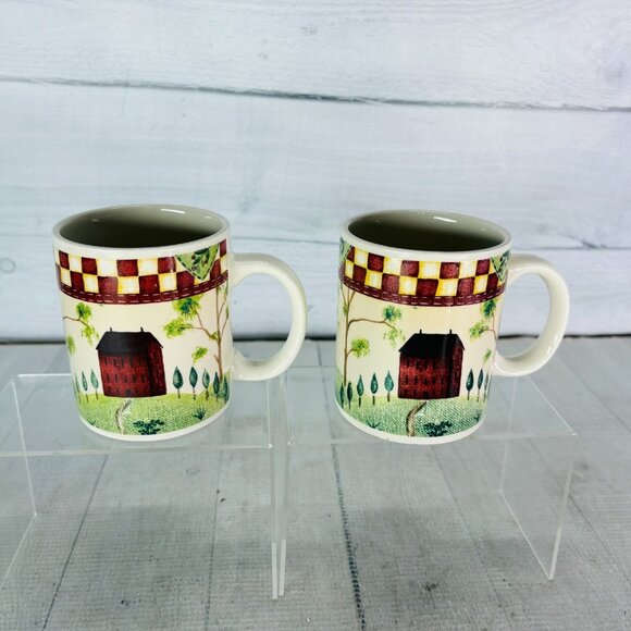 Thomson Pottery COUNTRY HOME Red White Check Farmhouse Tree 10 oz Cup Mugs Set 2 - Picture 4 of 15
